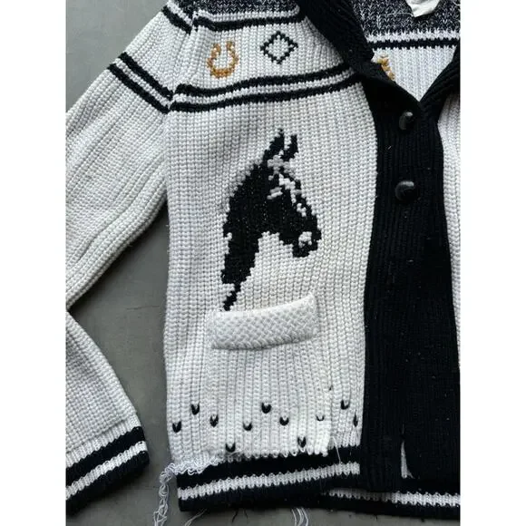 1950s Vintage Western Sears Men’s Size M Cowboy Horses Sweater Cardigan Flaws